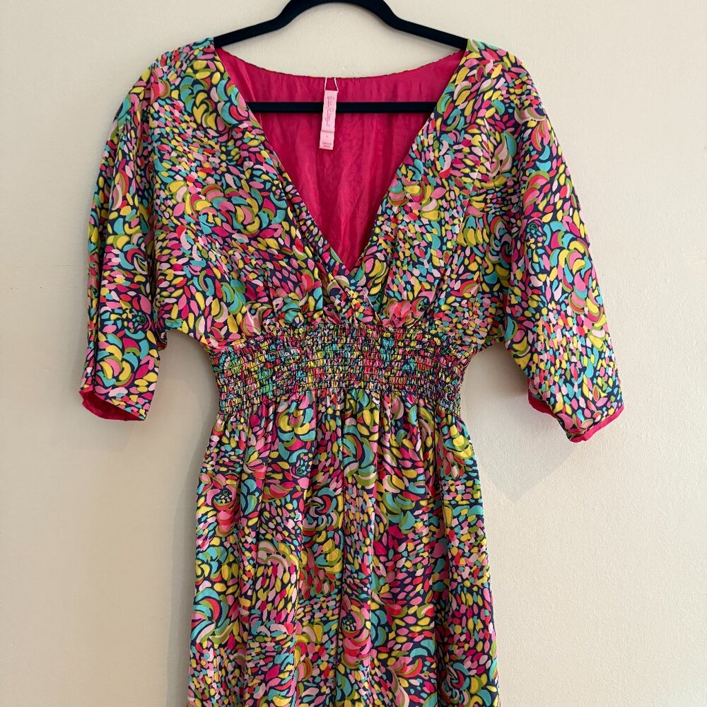 LILY PULITZER Lg. Silk V-Neck (reversible) Dolman Sleeve Colorful Mini Dress